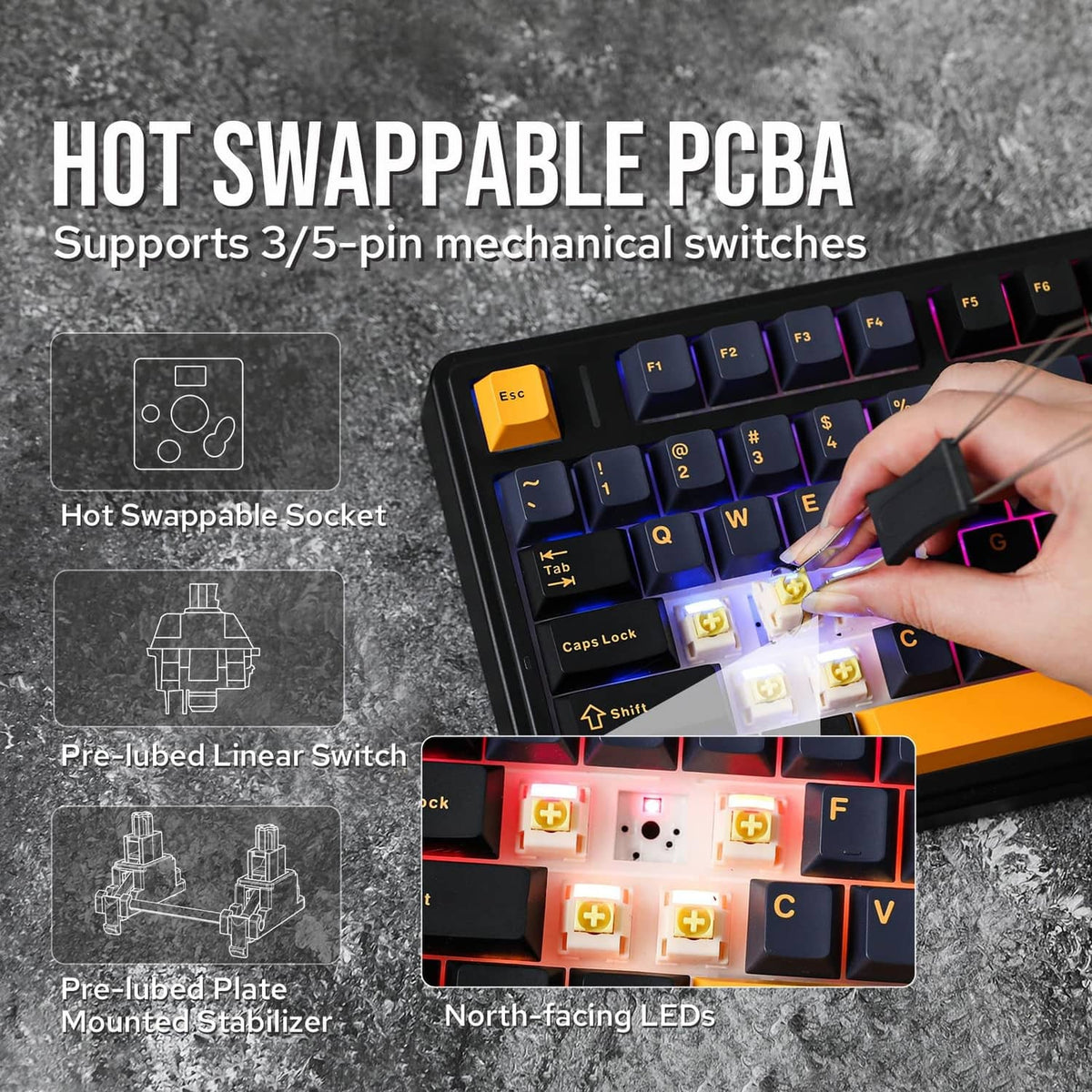 Hot-swappable mechanical keyboard with RGB keys and visible switch access area
