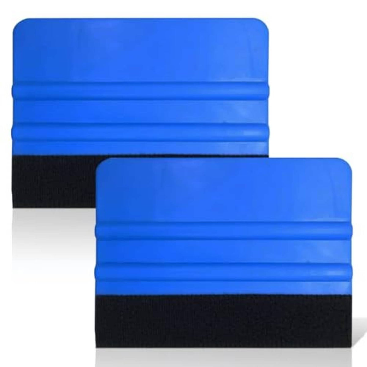 Blue plastic squeegee scraper pair with black felt edge, anti-scratch