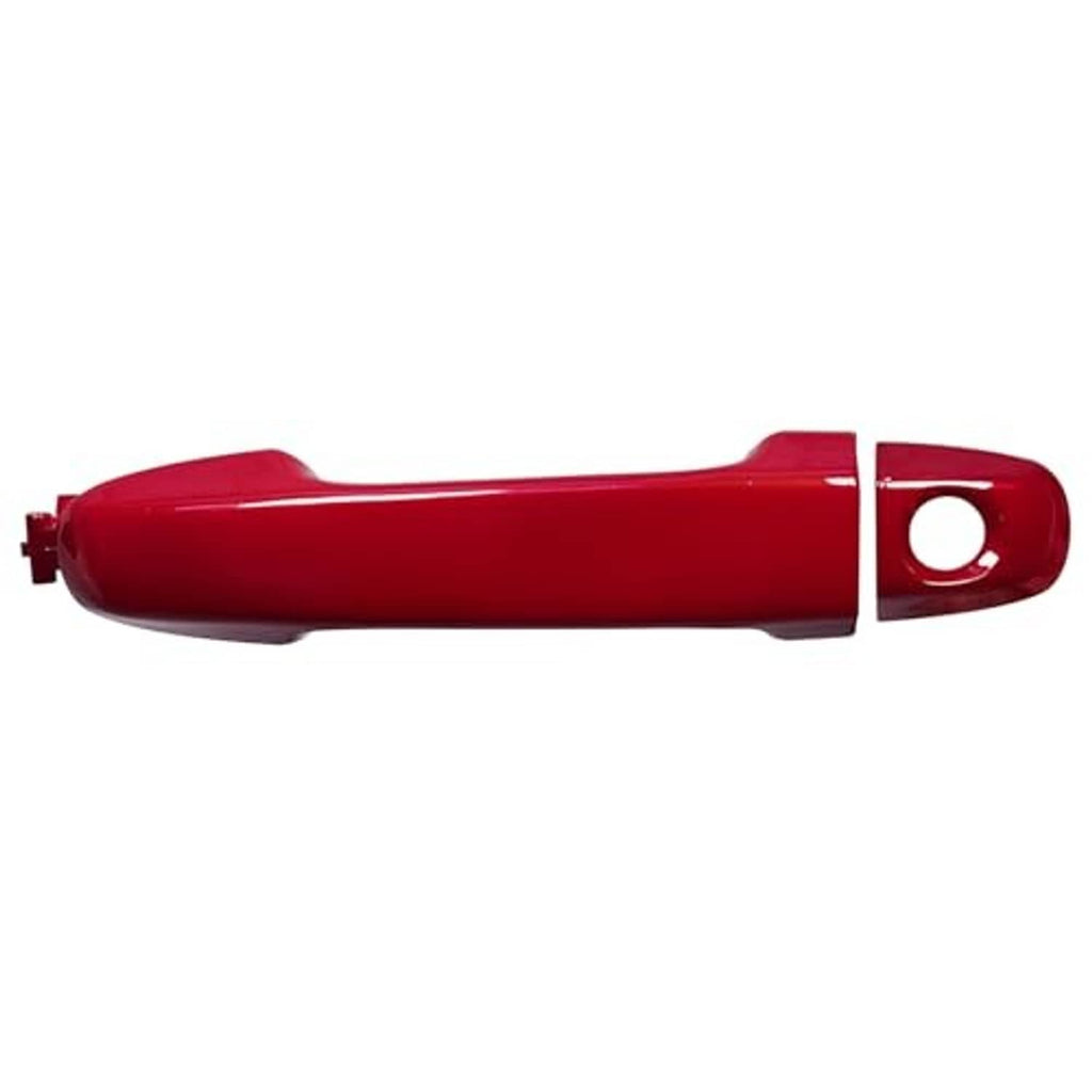 Red exterior door handle with keyhole opening and chrome-style trim