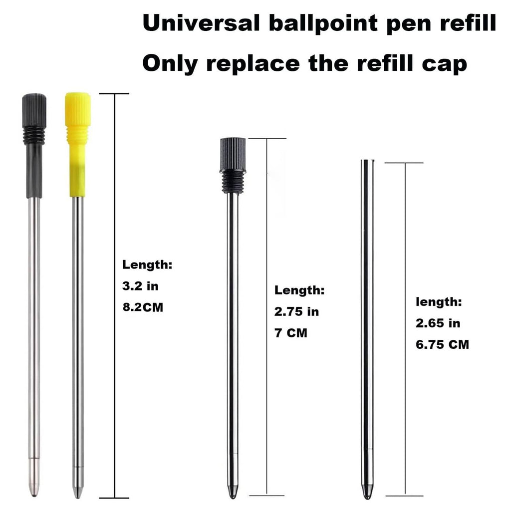 Black universal ballpoint pen refill, 2.75 in length, cap detail