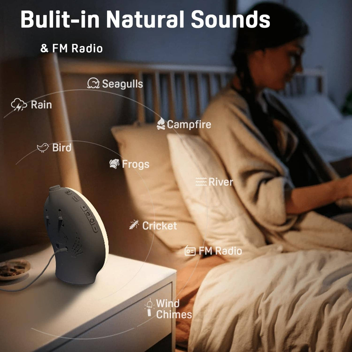 Sunrise alarm clock showing a glowing face next to a bed and pillow