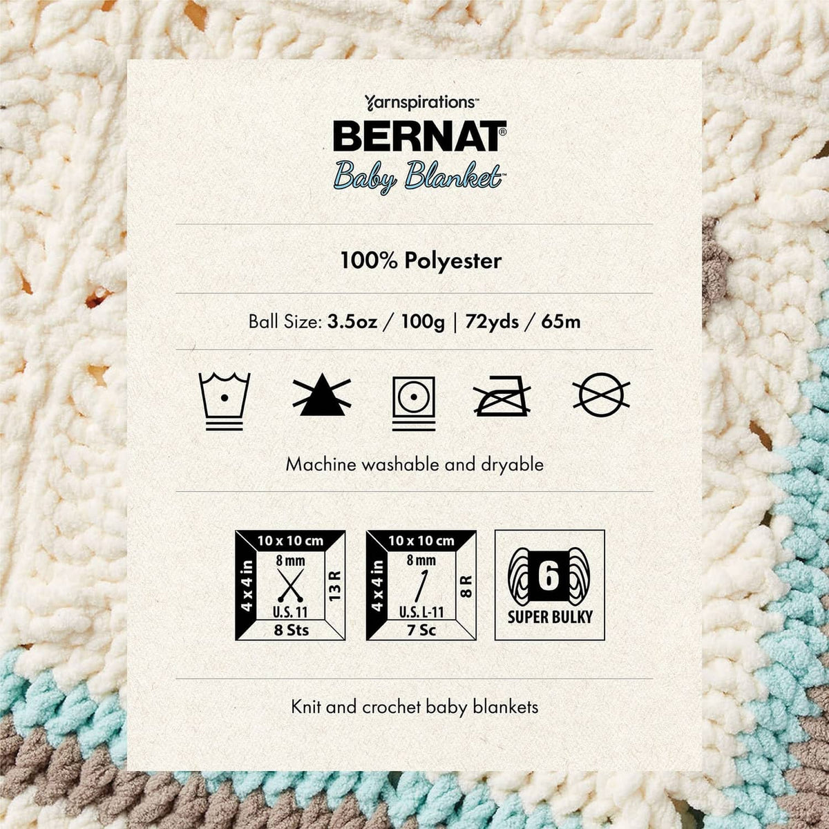 Textured cream blanket fabric with product info label and care icons