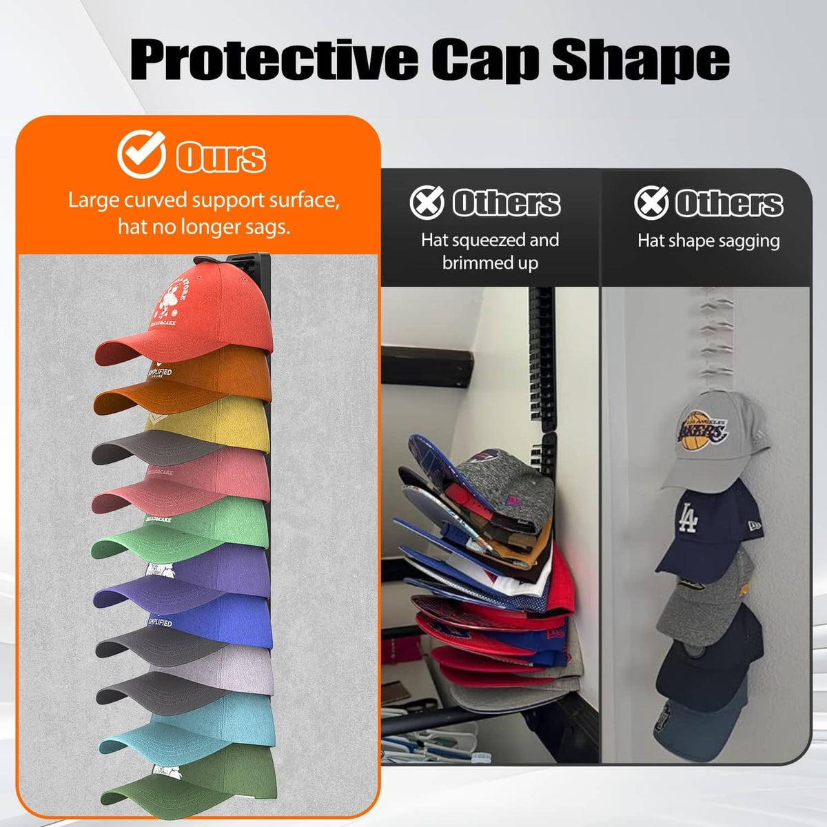 Black hat organizer cap-shape support to help prevent sagging and brim droop