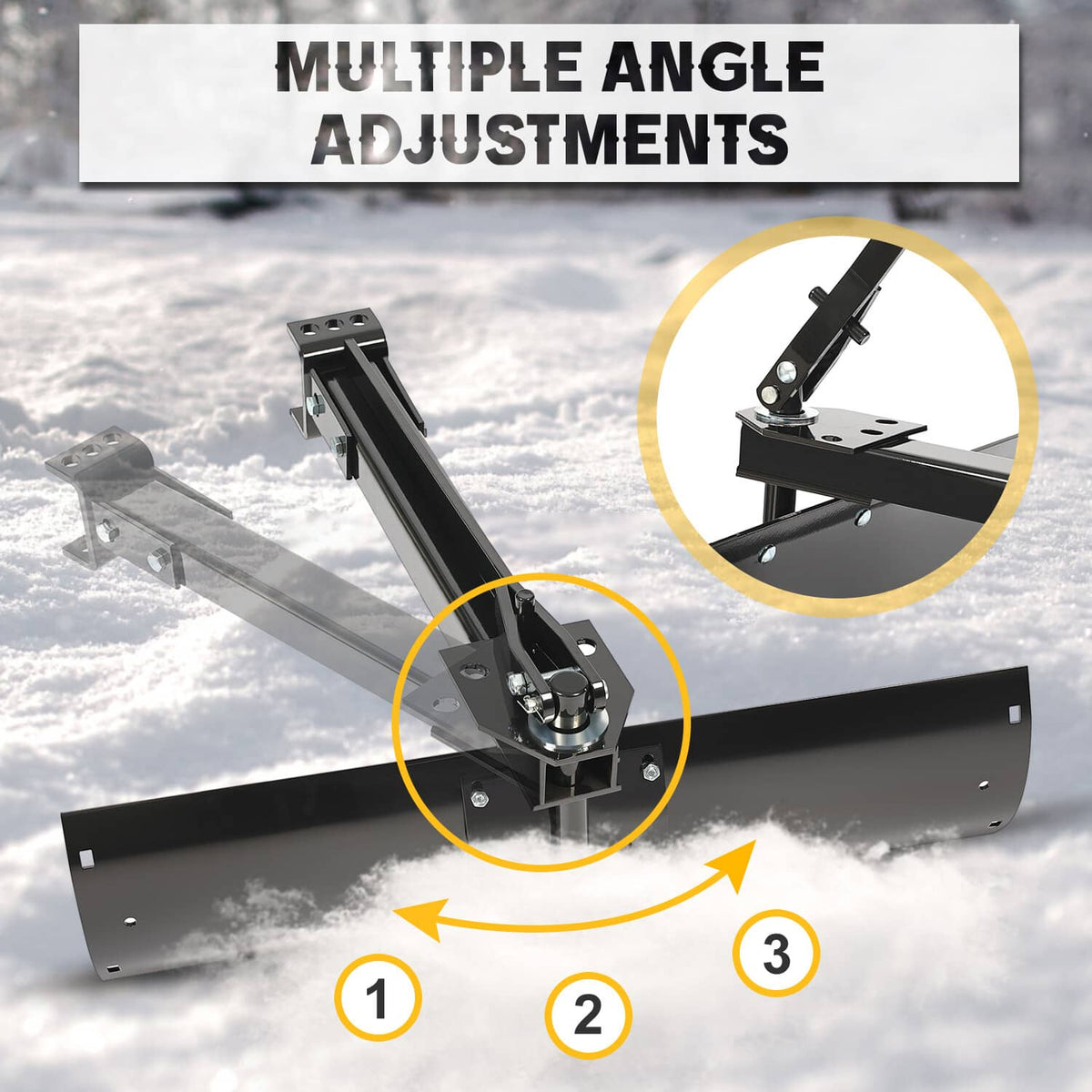 Adjustable tow-behind scrape blade showing multi-angle hitch adjustment plate