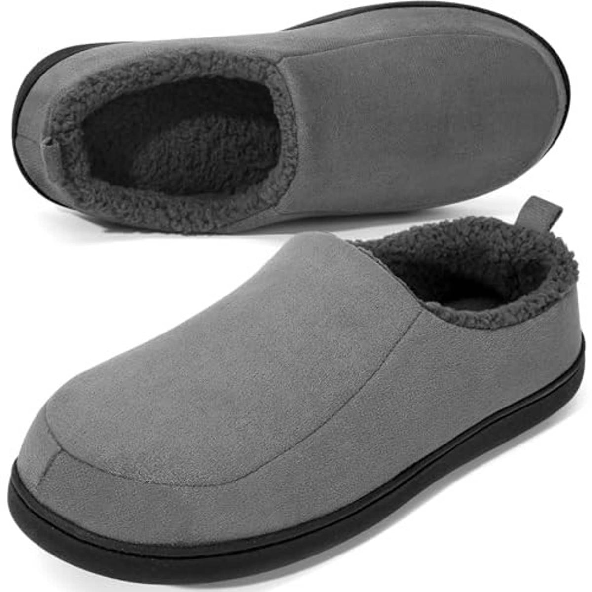 Grey slip-on slippers with plush lining and black outsole, side and angled view