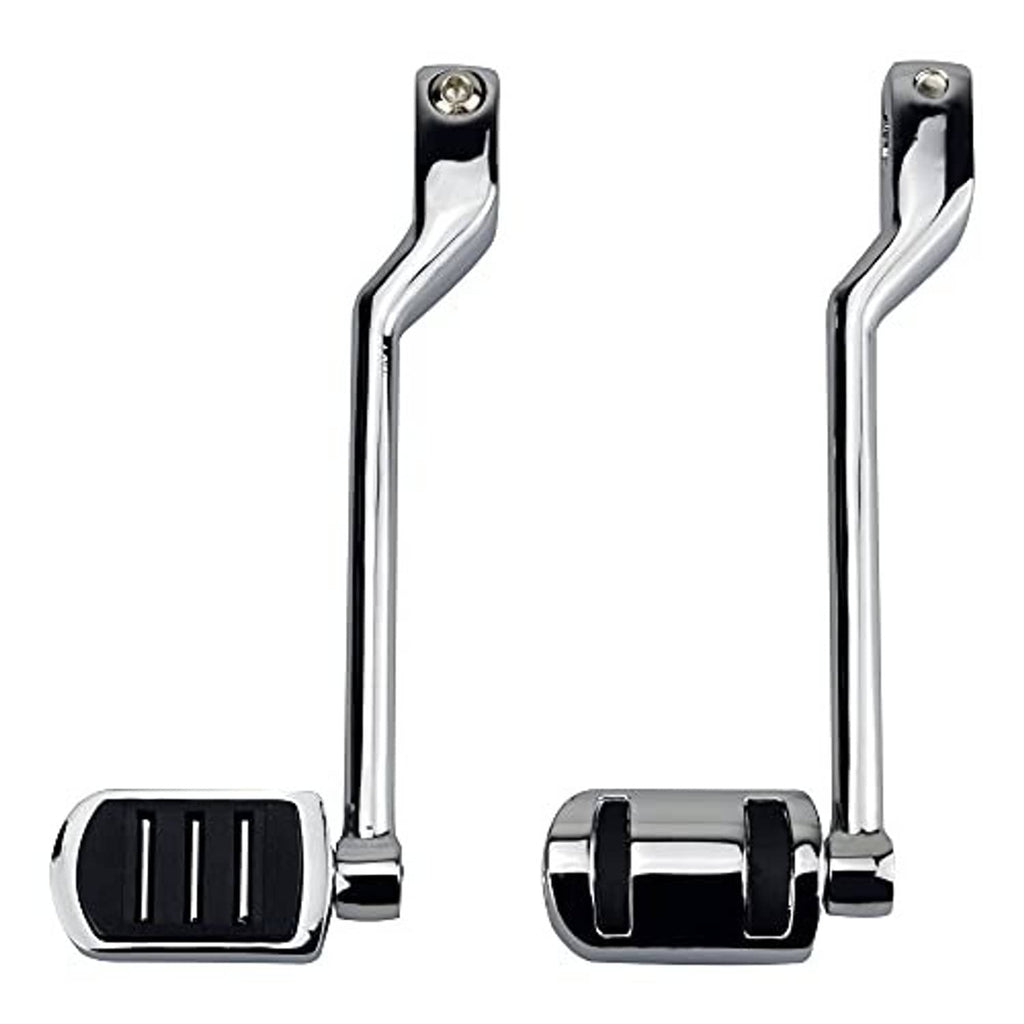 Two chrome shift pegs with black rubber foot pads, front and rear levers
