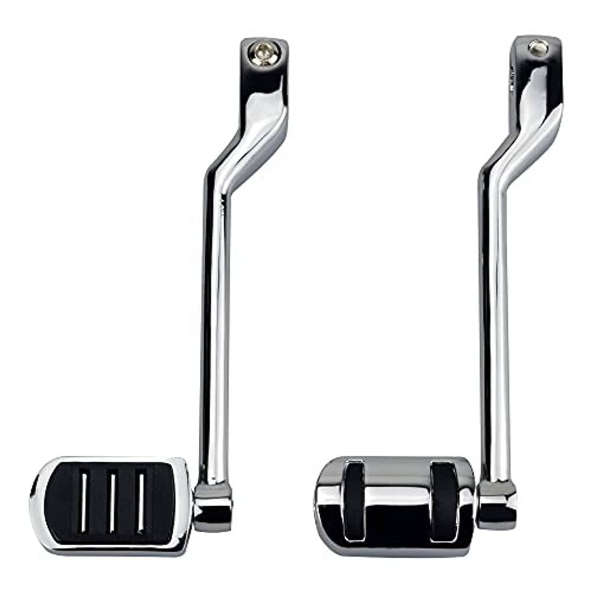 Two chrome shift pegs with black rubber foot pads, front and rear levers