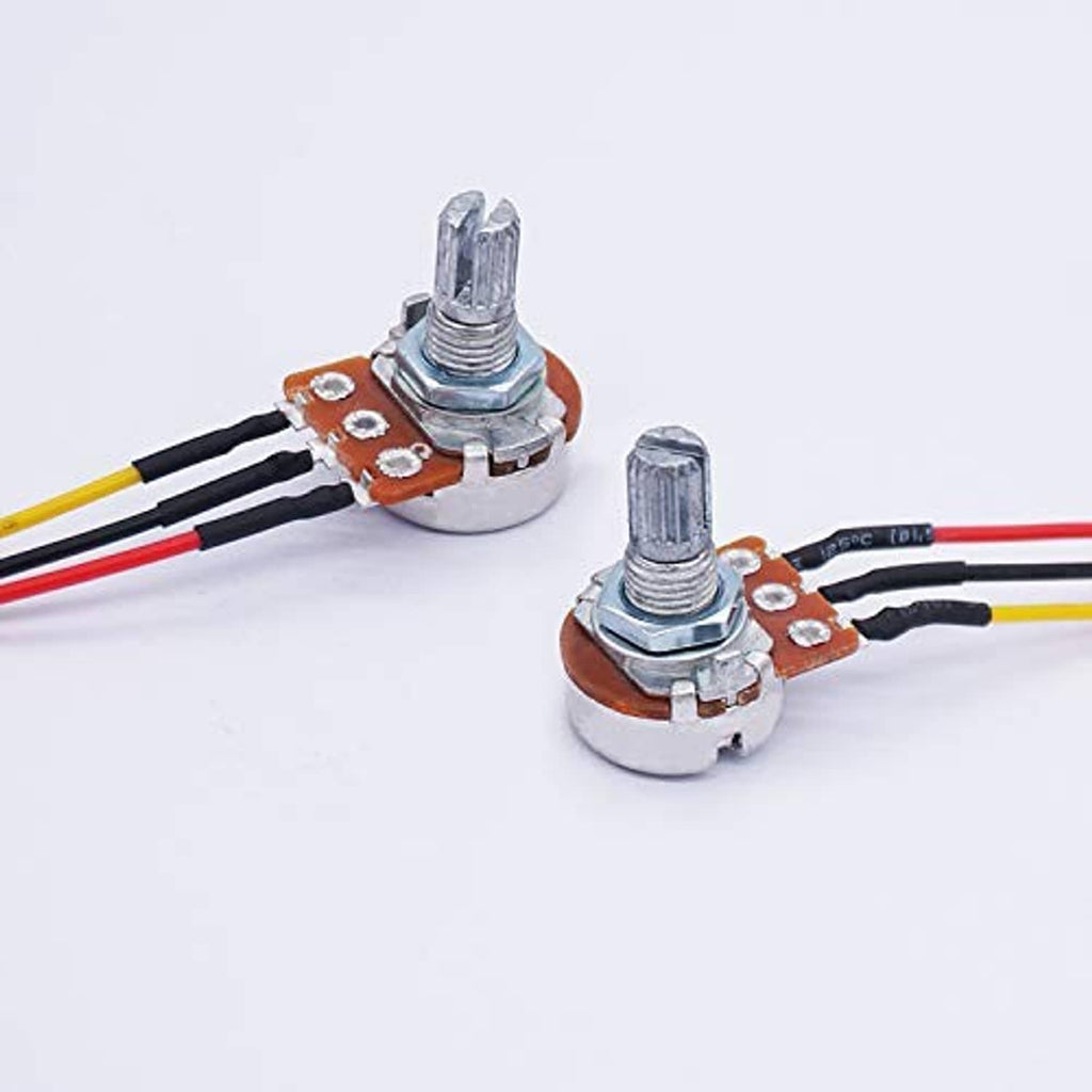 Pair of rotary potentiometer switches with metal shafts and three-wire leads