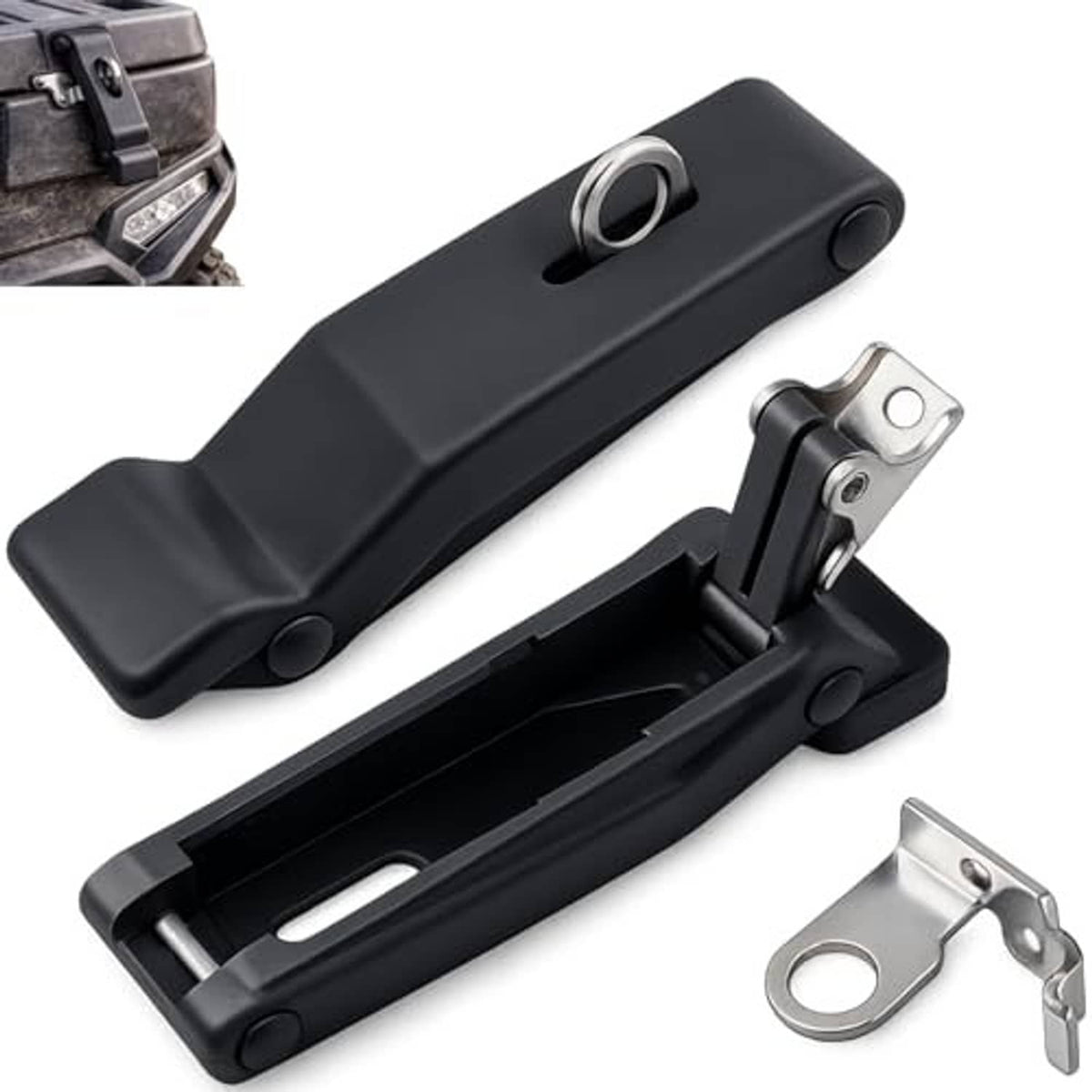 Front storage rack latch kit with black handle, metal catch, and mounting pin clip