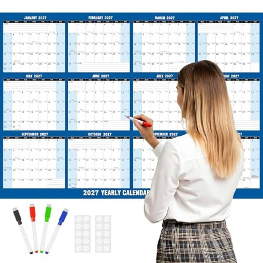 2027 wall calendar planner with blue frame, person writing with red marker