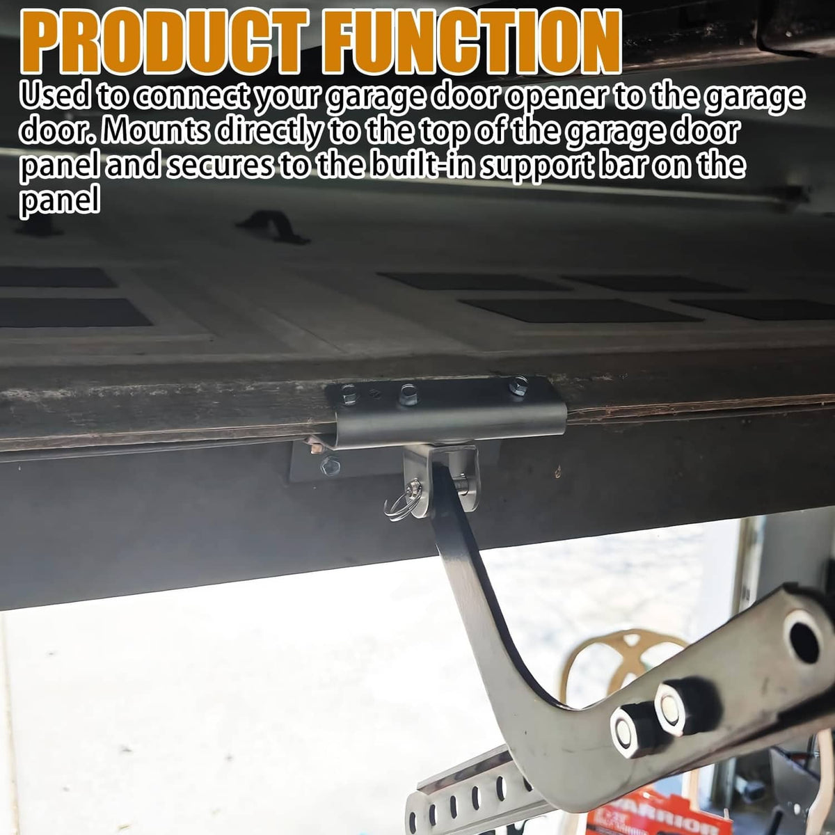 Trolley arm operator bracket attached under garage door rail with mounting hardware