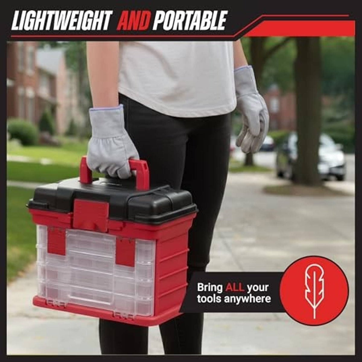 Red and black portable parts organizer carried by a person wearing gloves