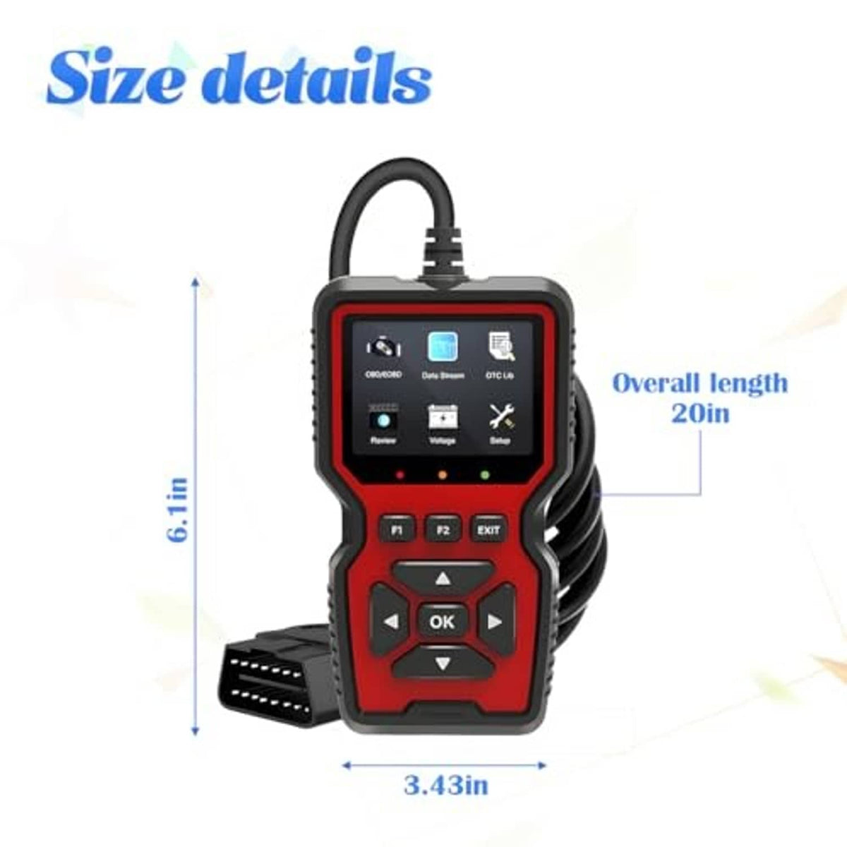 Compact red and black OBD2 code reader scanner with screen and directional keypad.