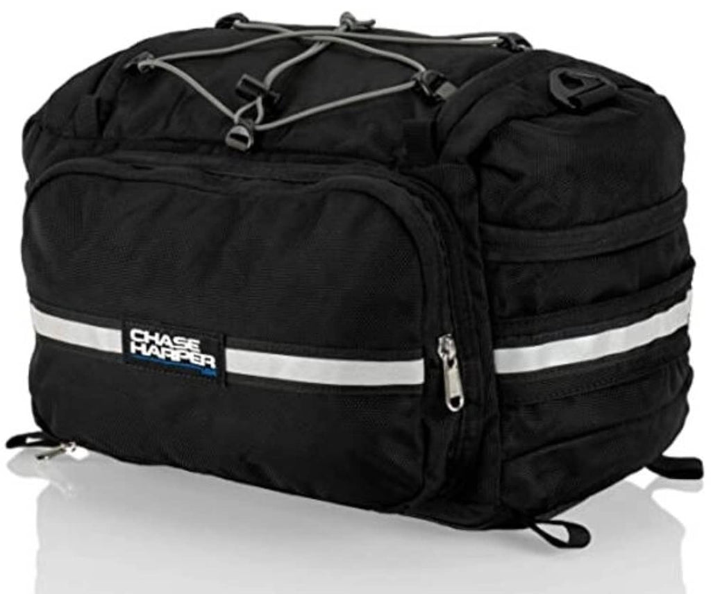Black tail trunk with Chase Harper logo patch, reflective stripe, and side zipper