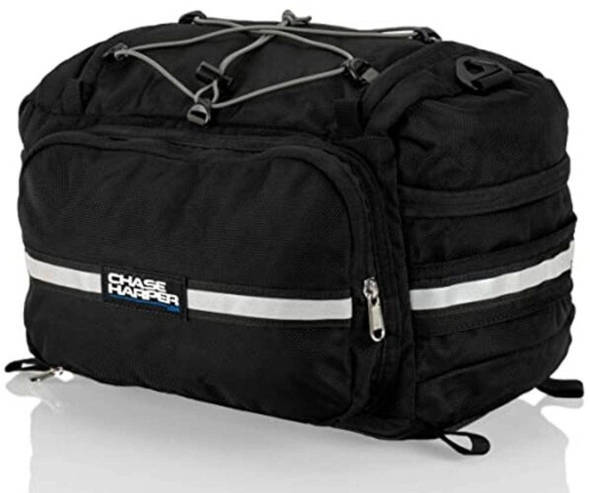 Black tail trunk with Chase Harper logo patch, reflective stripe, and side zipper
