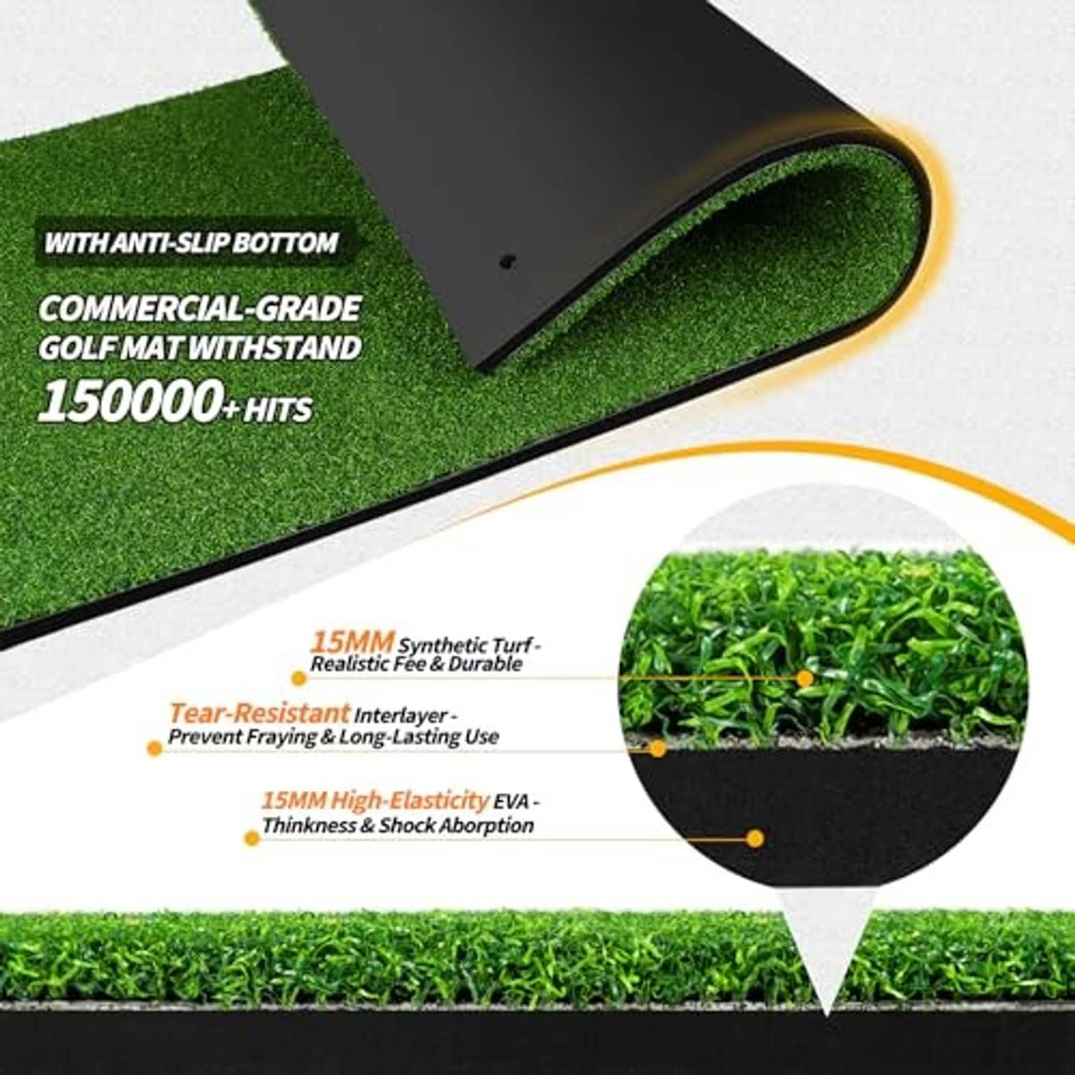 Green golf turf mat corner with black anti-slip underside and layered edge