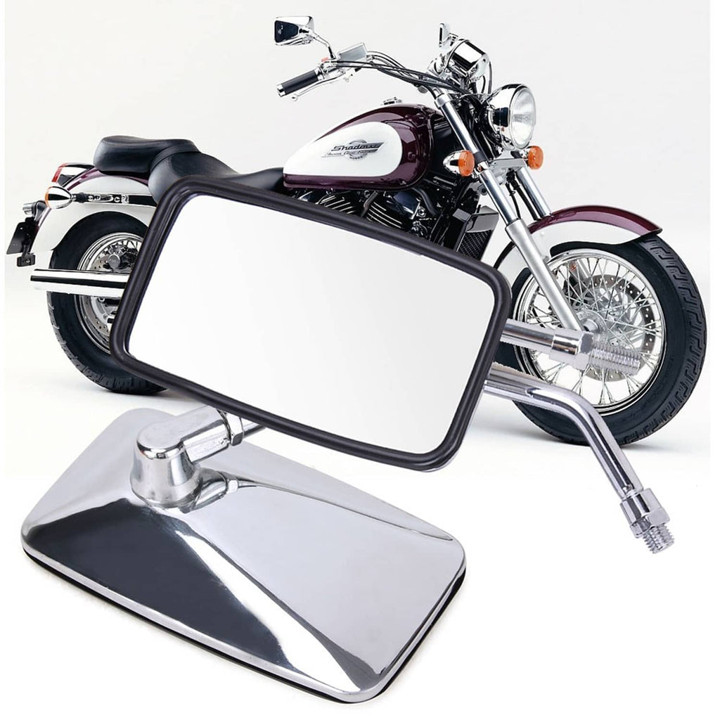 Square chrome motorcycle rearview mirror with black edge frame and chrome arm