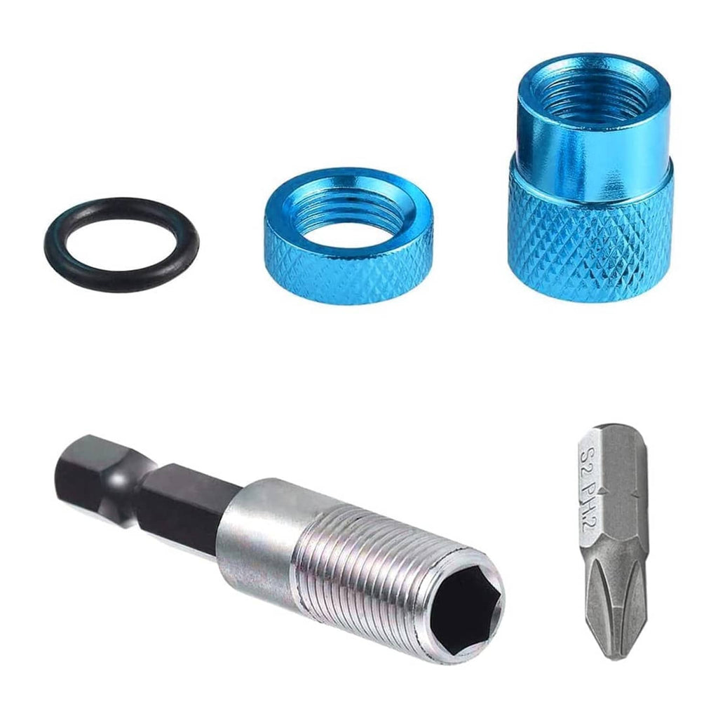 Blue magnetic drywall bit holder set with black O-ring seals and PH2 bit.