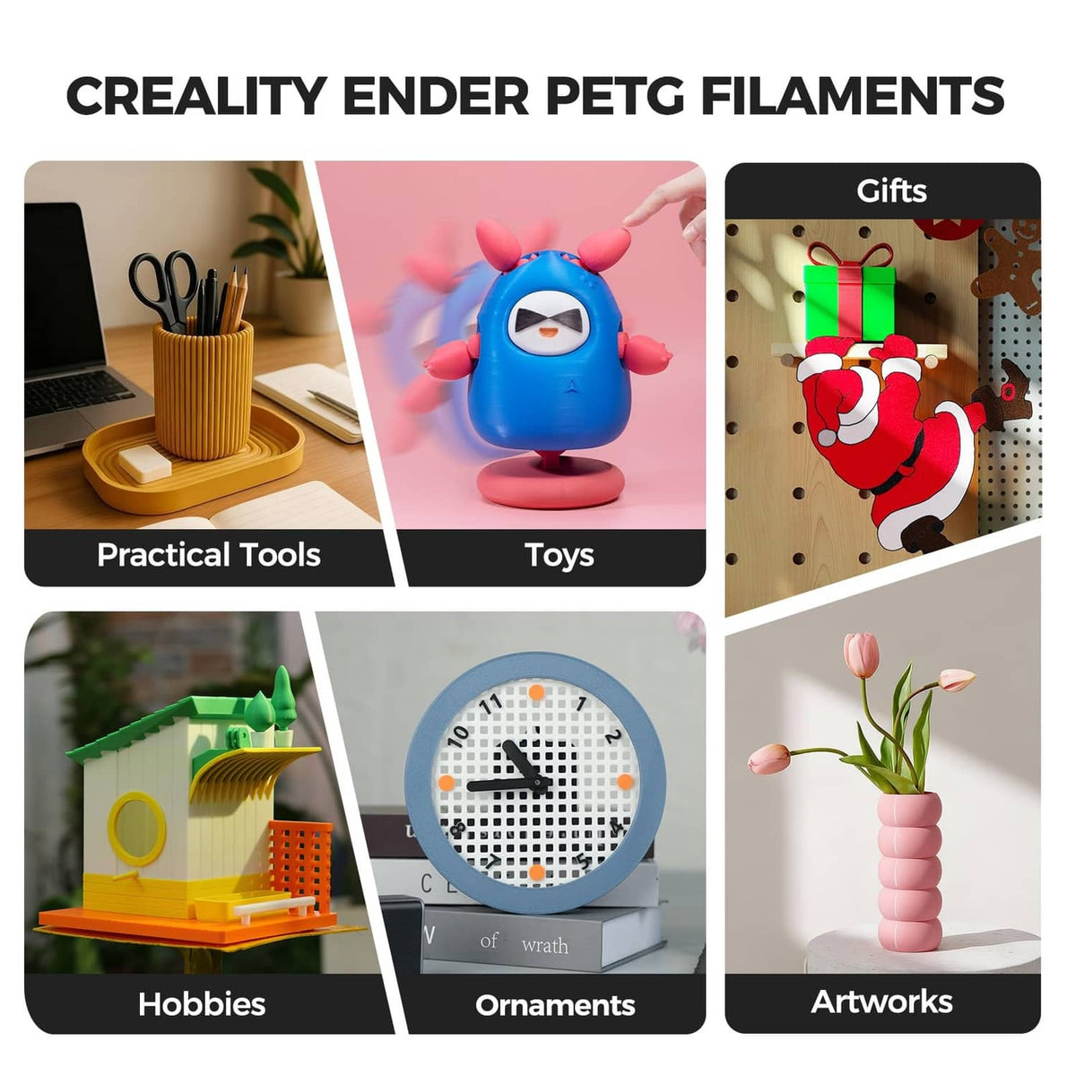3D printed characters and ornaments, including a blue toy figure
