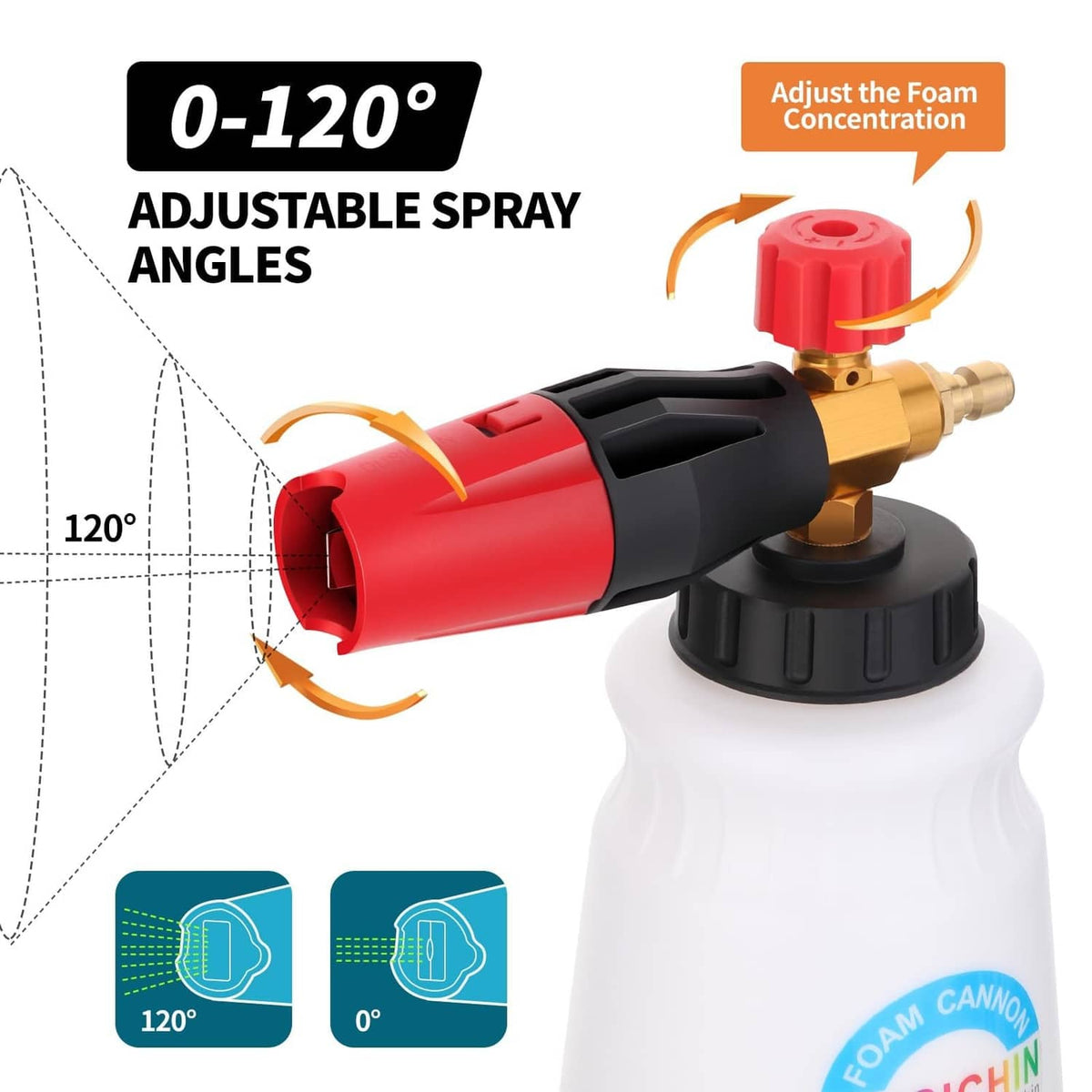 Adjustable foam cannon spray nozzle with red cylindrical head on a white soap bottle