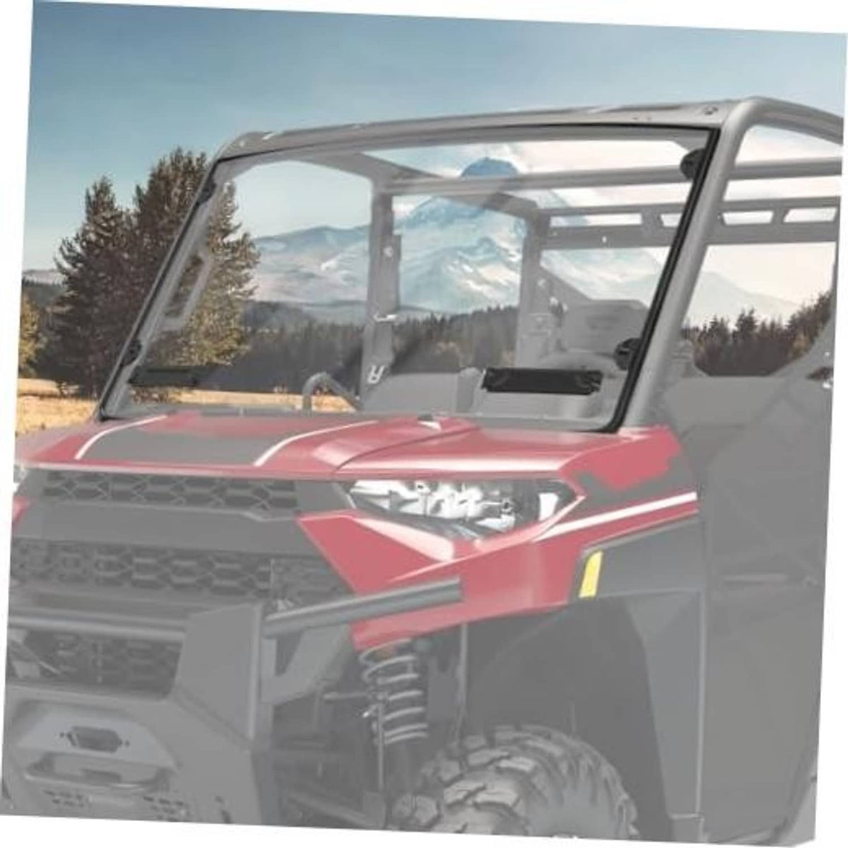 Close-up of front UTV windshield, clear panel with black frame