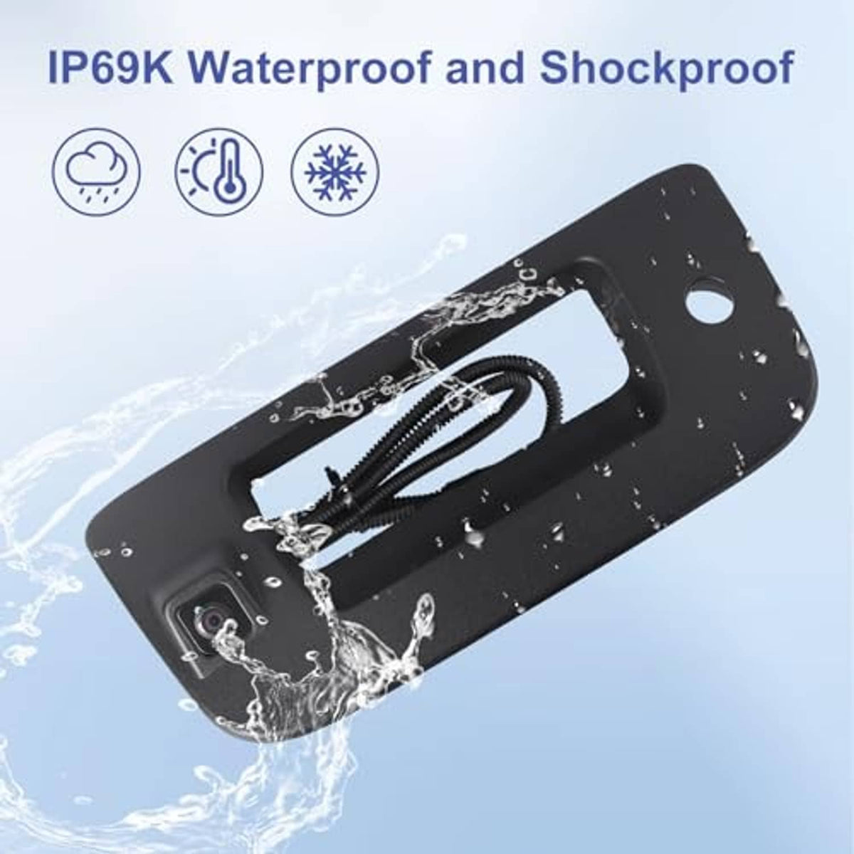 Waterproof rear view backup camera tailgate handle with cable and water droplets