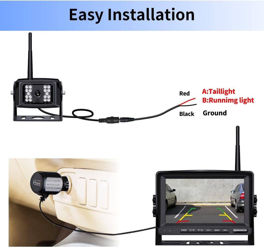 Rear view camera kit with easy-install wiring and in-car display screen