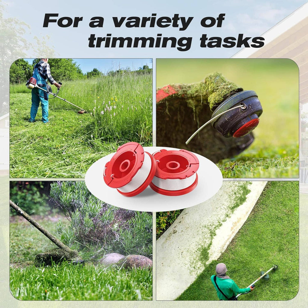 Two red weed wacker line spools on display for trimming tasks