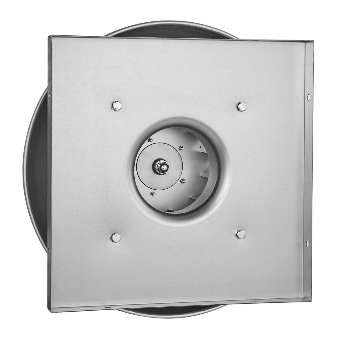 Roof fan housing with centered circular motor mount and square metal panel