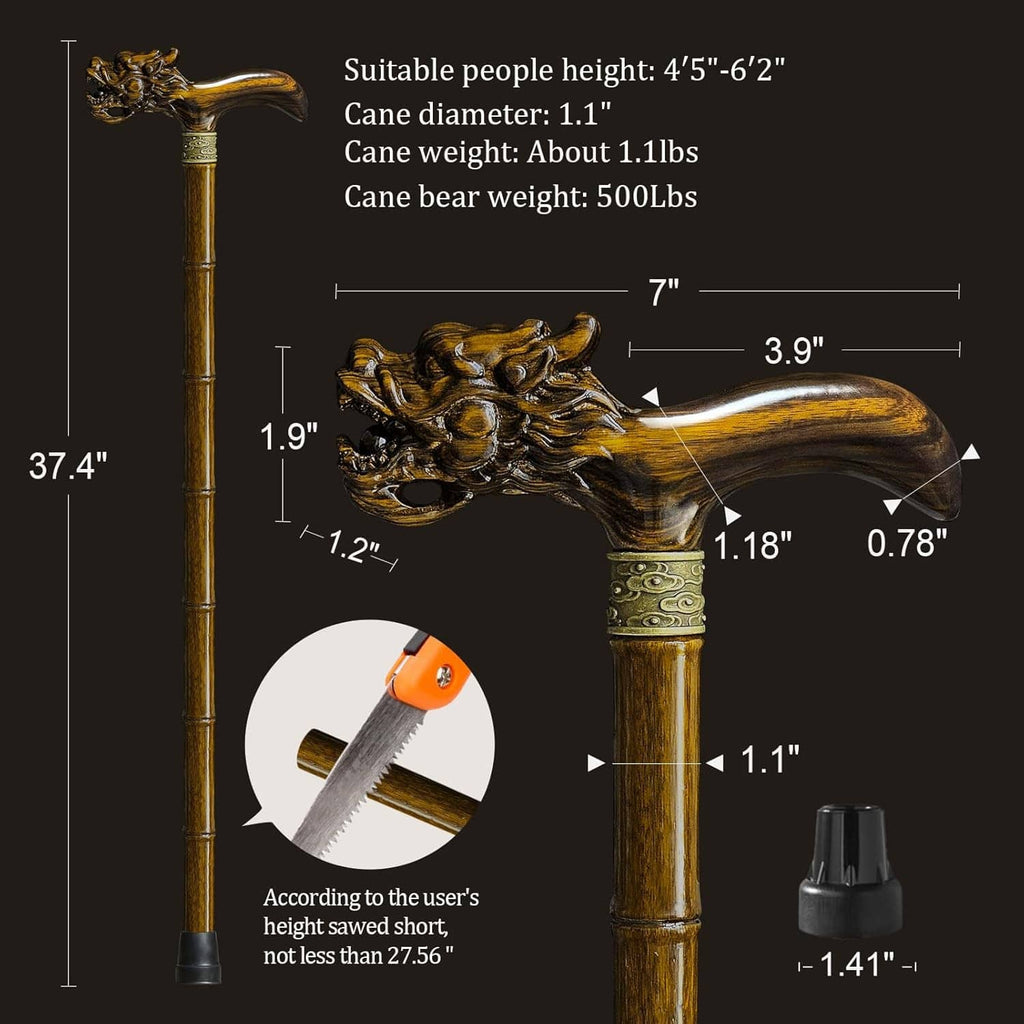 Wooden walking cane with dragon head handle and decorative collar, full-length view