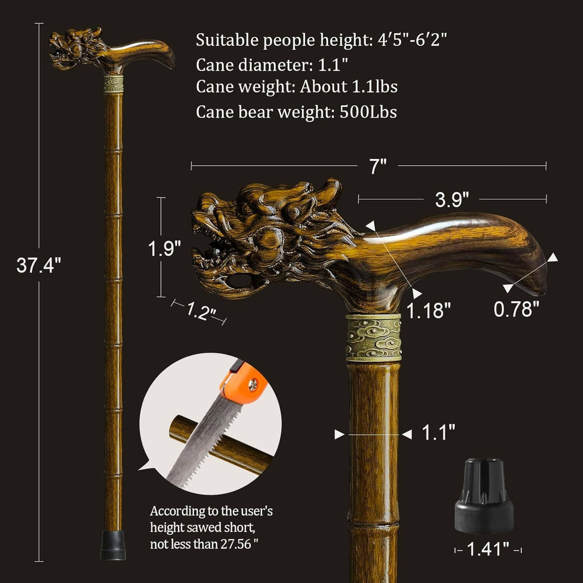 Wooden walking cane with dragon head handle and decorative collar, full-length view
