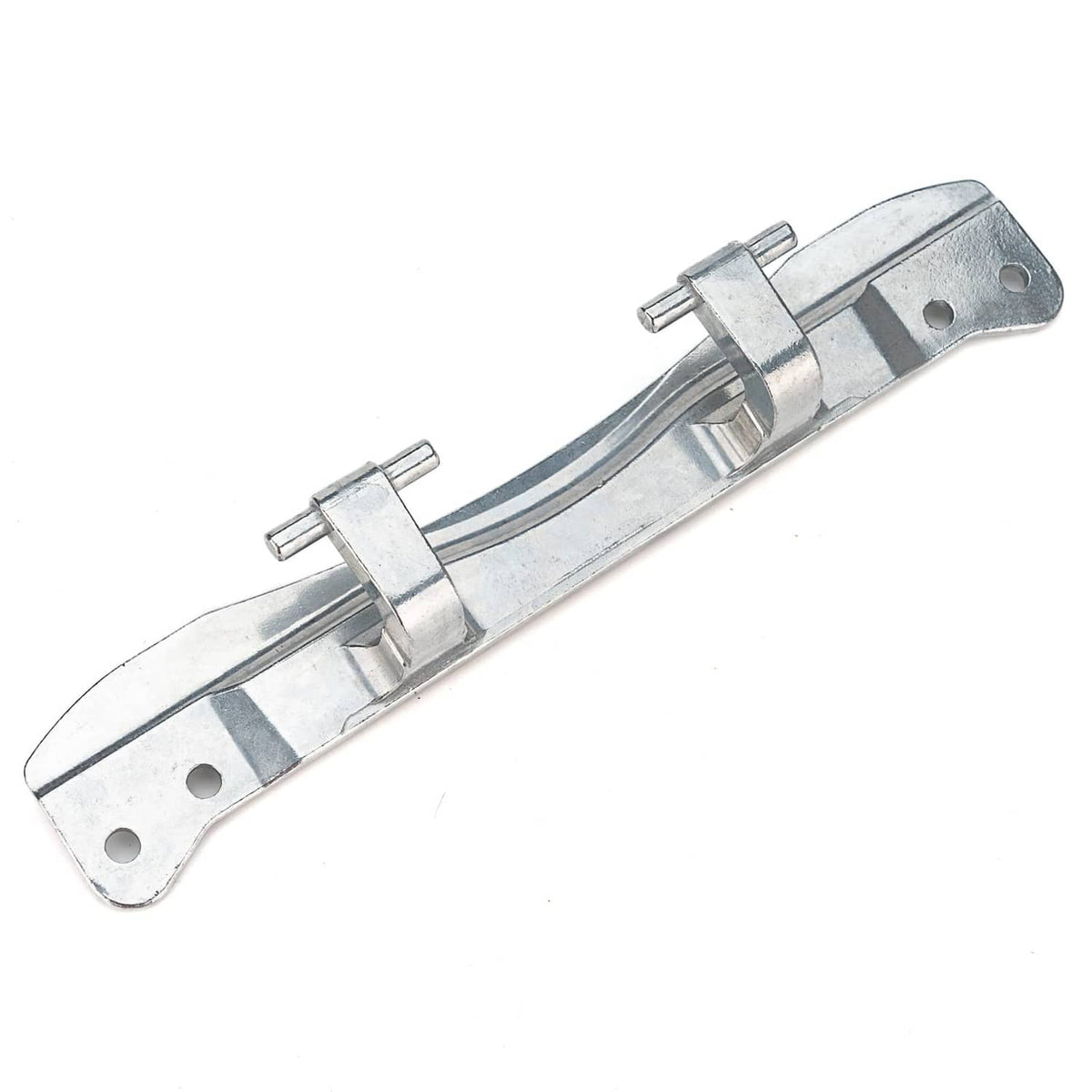Washer door hinge bracket with metal curved arm and two mounting holes