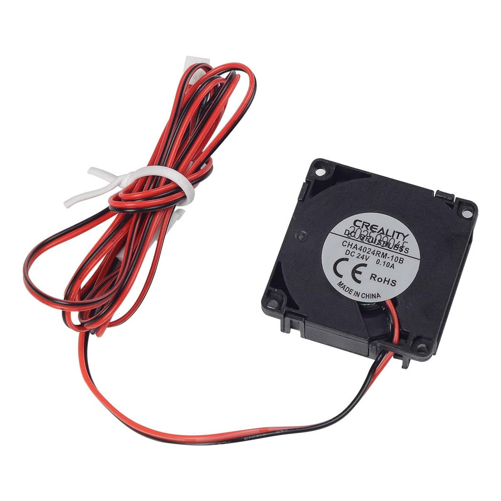 Creality extruder fan with red wires, black housing, and label for DC 24V operation