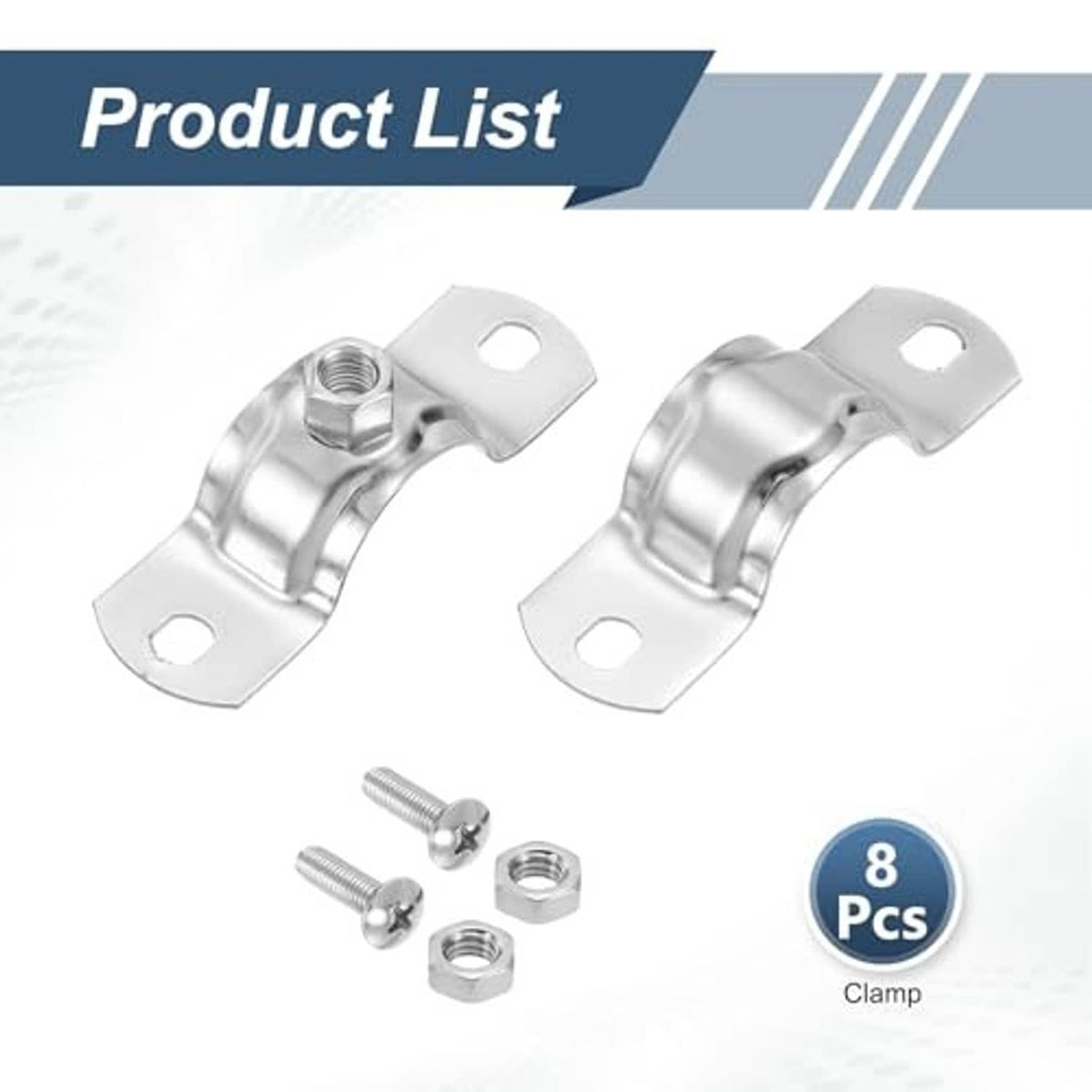 Stainless steel pipe bracket clamps set, 8 pieces with bolts and nuts