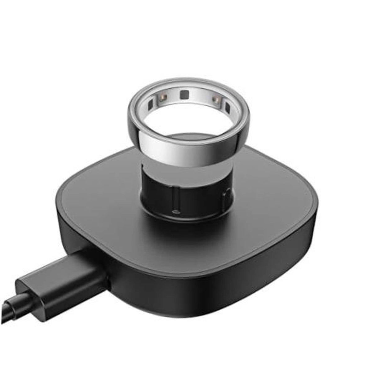 Black smart ring charging dock with metal ring cradle and USB cable