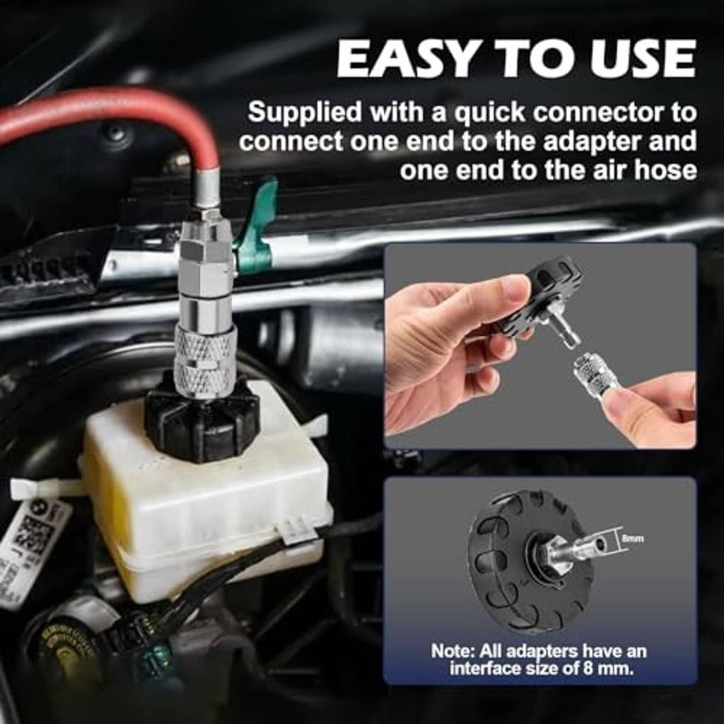 Brake bleeder adapter with metal connector and hose attachment with quick-connect