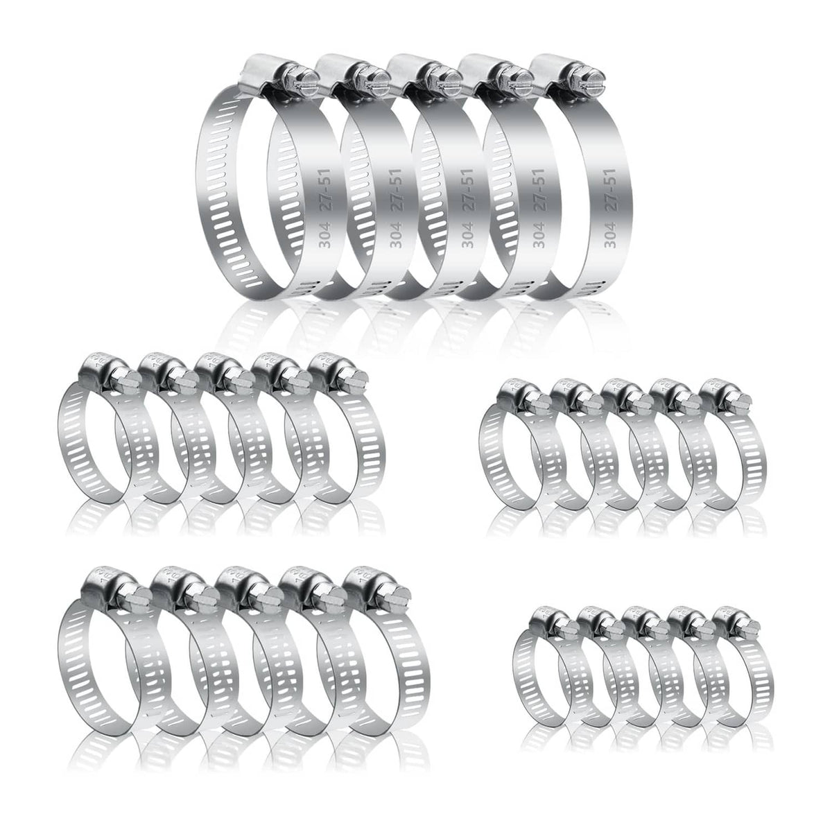 Stainless steel hose clamps assortment, shiny band clamps with screw heads