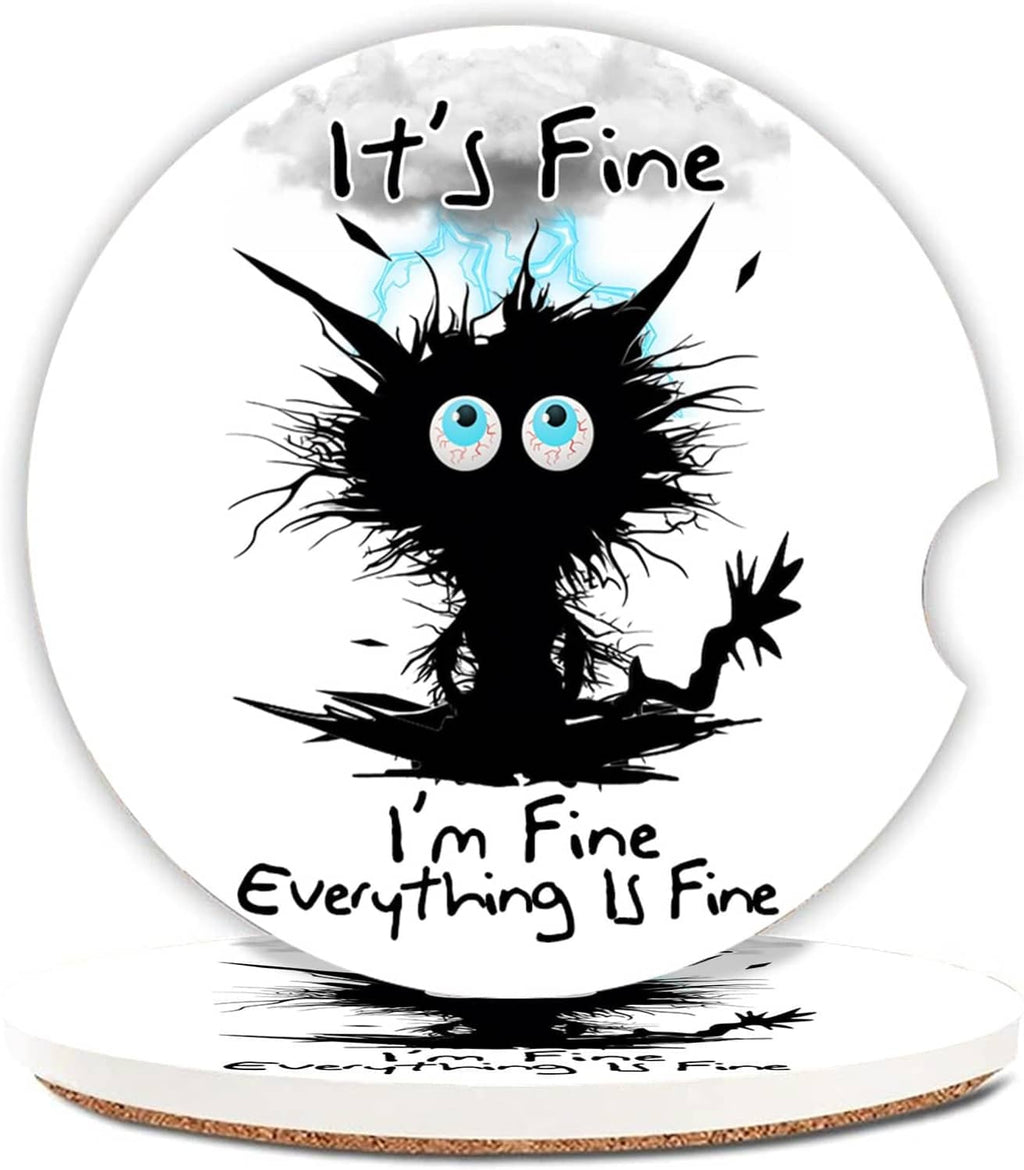 Round white ceramic car coaster with cork bottom, black cat artwork and slogan
