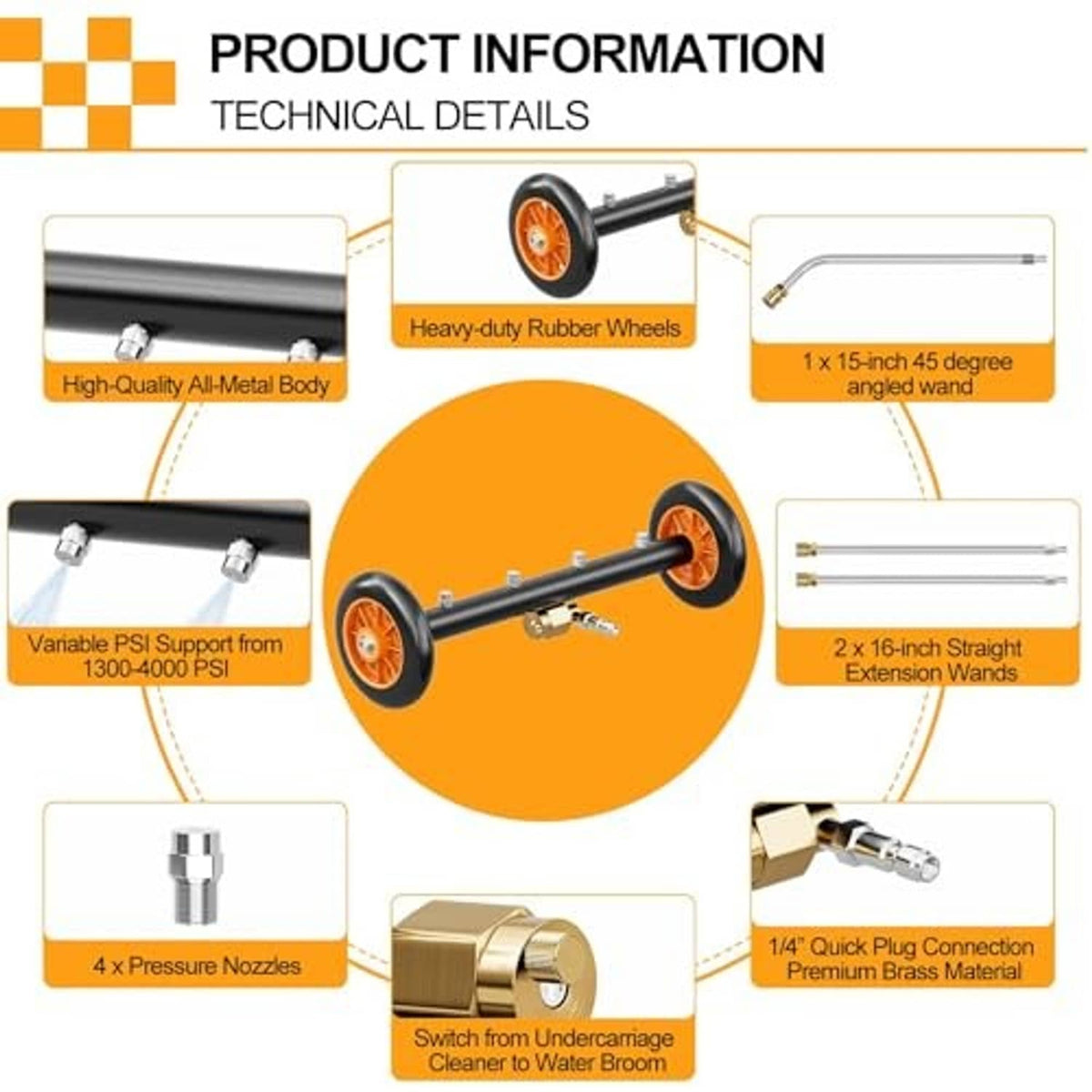 All-metal undercarriage cleaner with heavy rubber wheels, brass fittings, and 4 nozzles