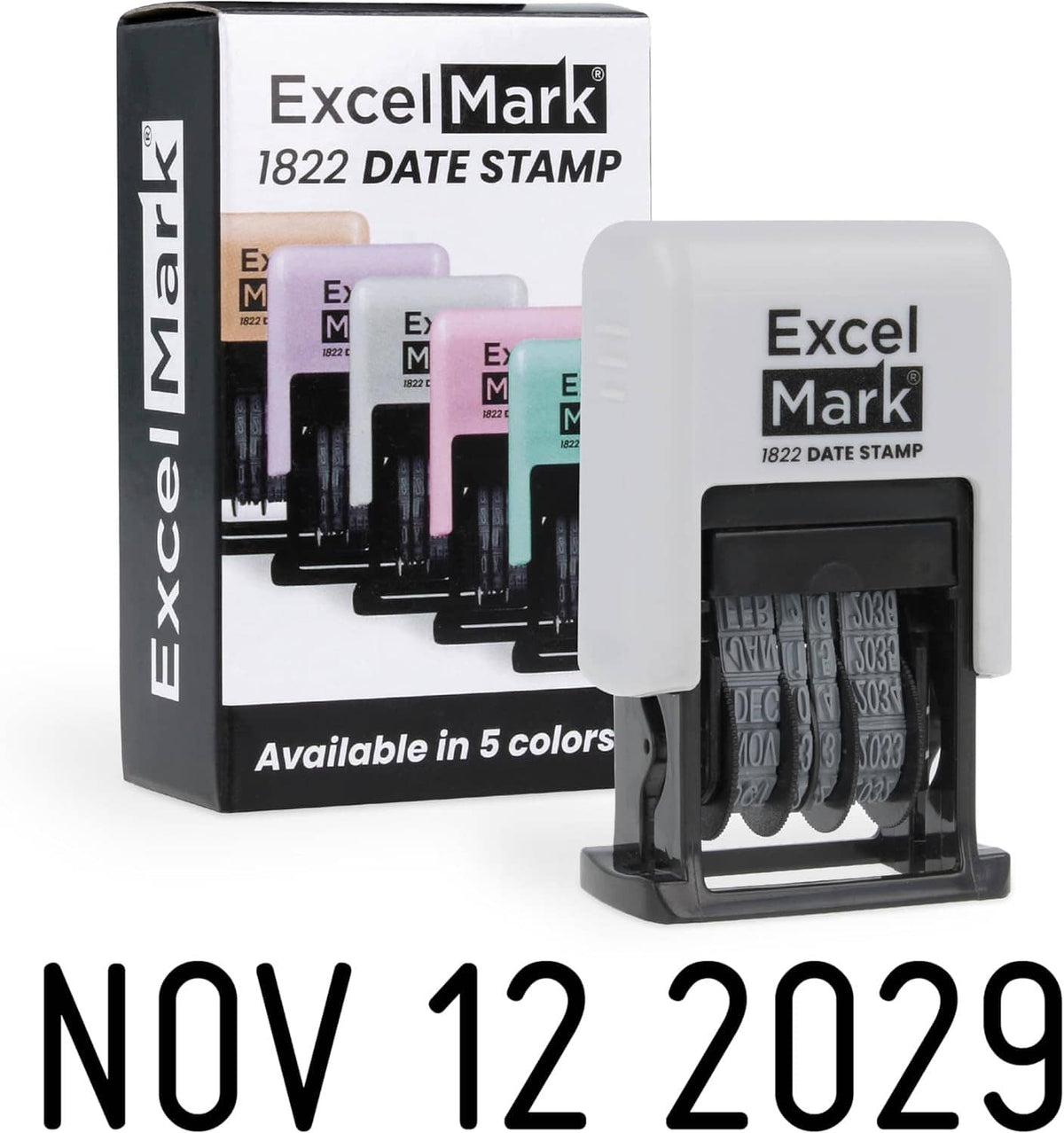 ExcelMark 1822 date stamp with black ink pad, shown with product box