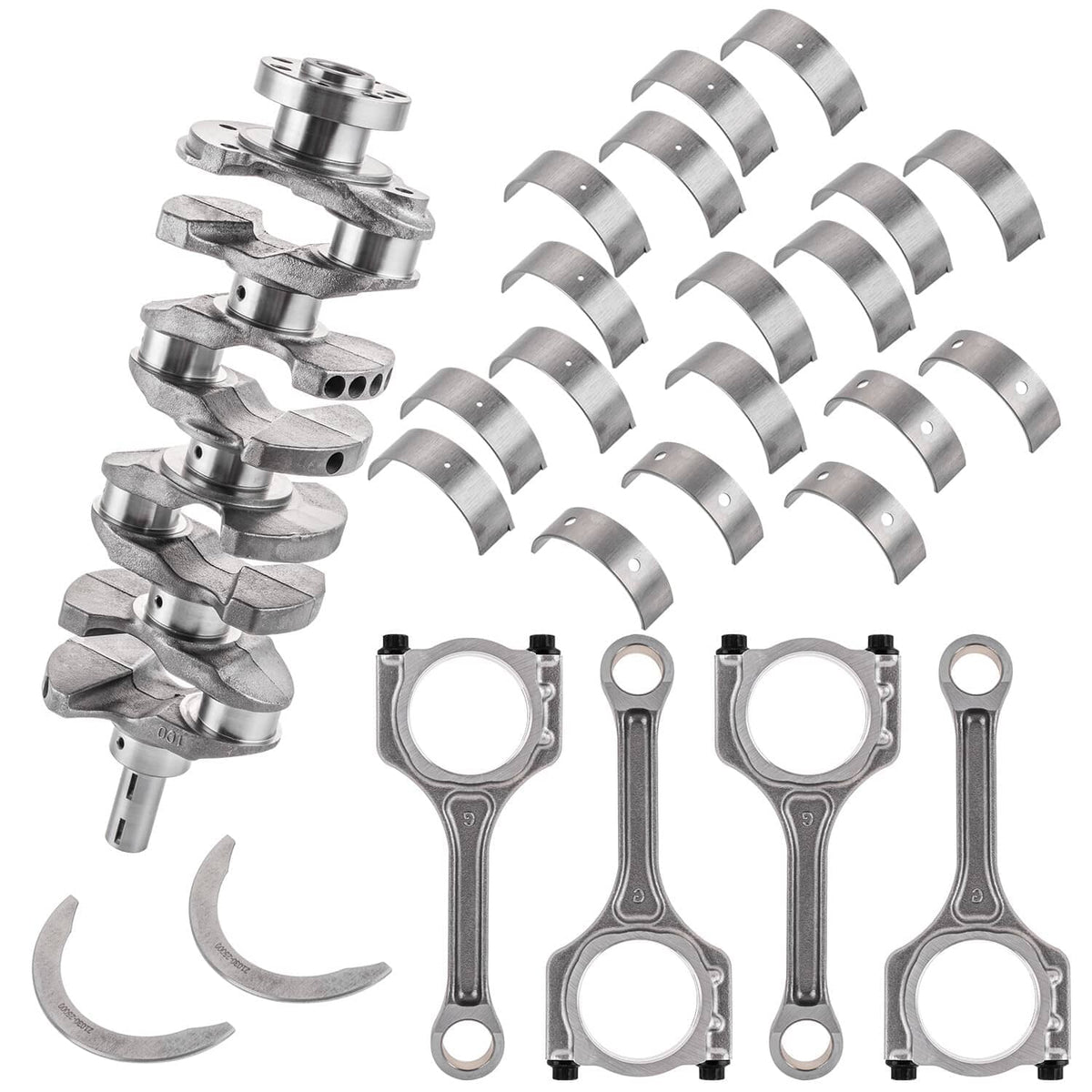Crankshaft connecting rod bearing kit close-up of crankshaft, rods, and bearing shells