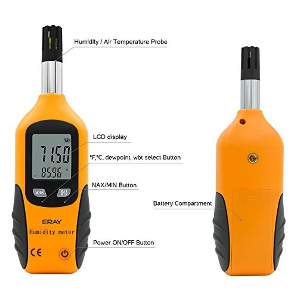 Digital humidity and temperature meter with labeled buttons, LCD display, and probe.