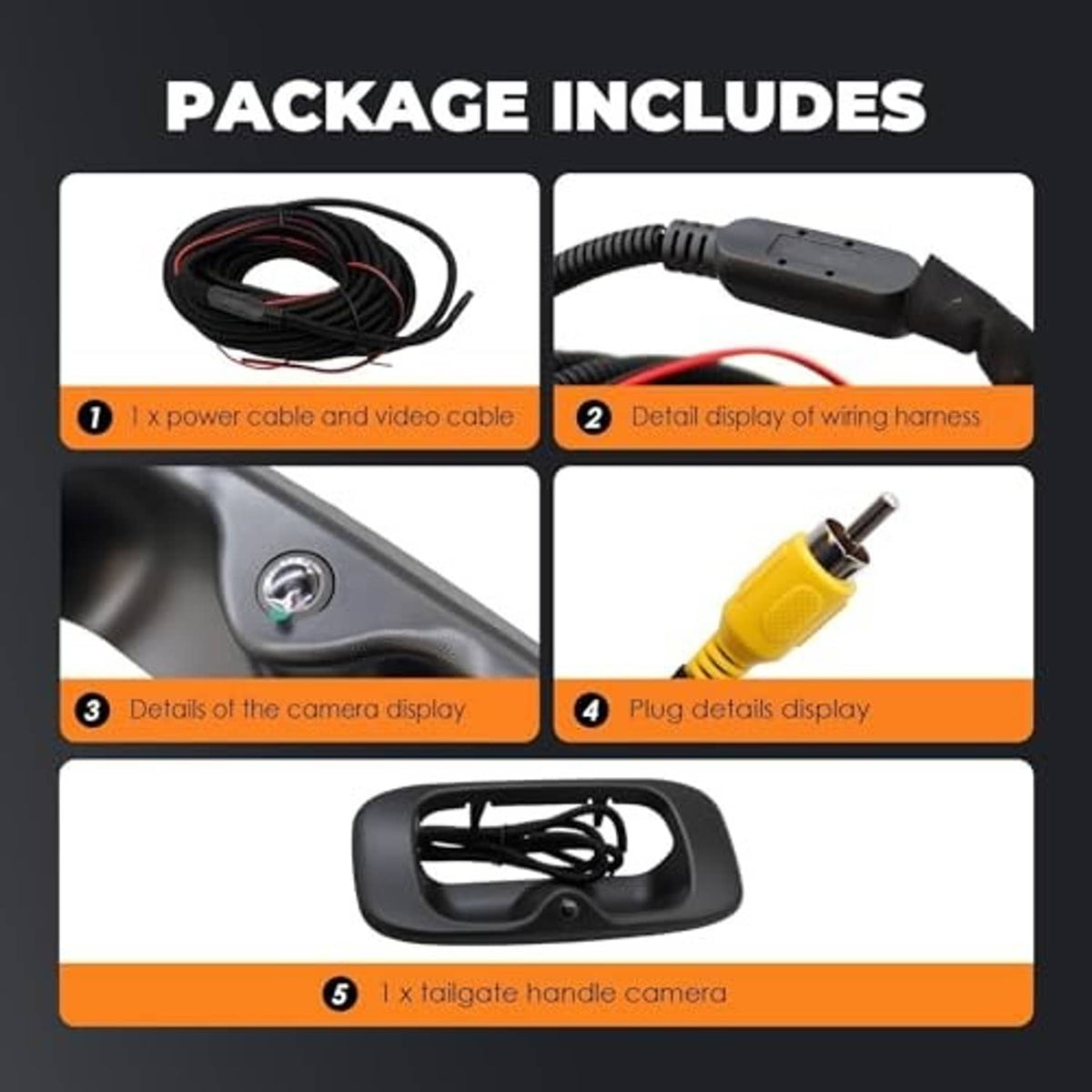 Tailgate handle backup camera kit with power/video cable set and plug connection details