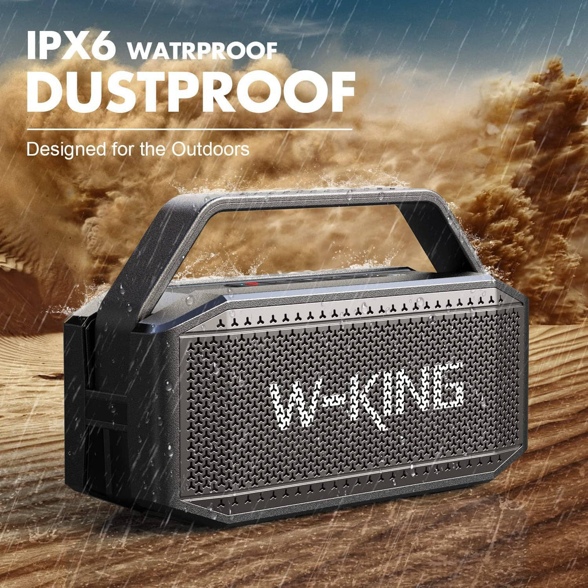 Black portable Bluetooth speaker with carry handle and rugged front speaker grille