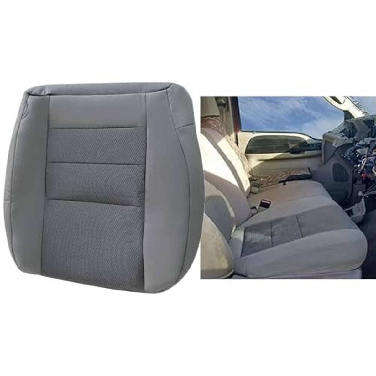 Gray cloth driver seat cover with padded center panel and contoured sides