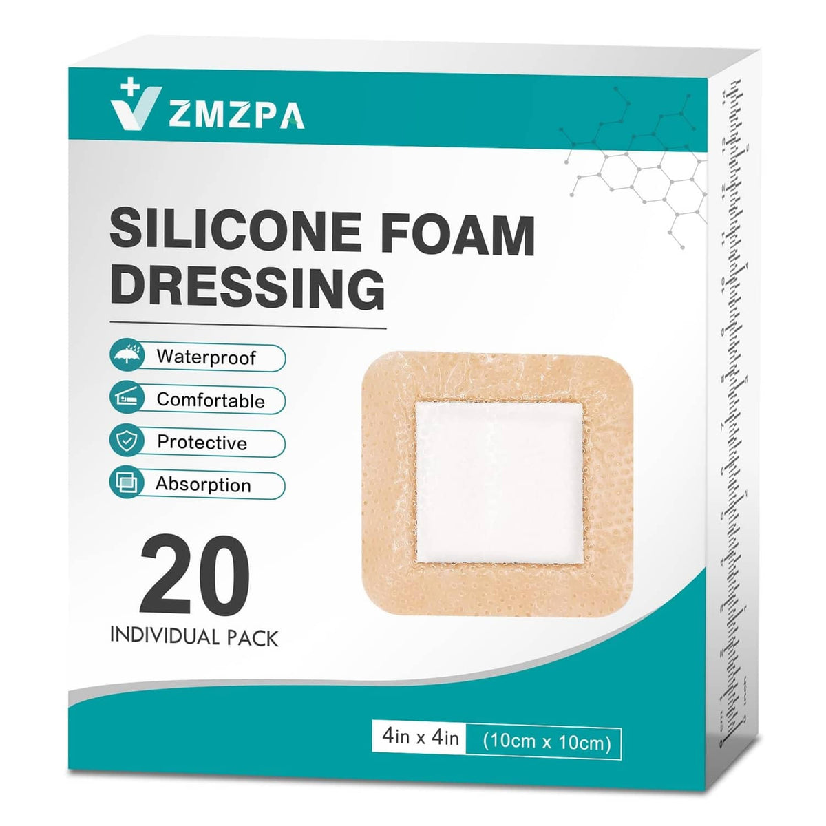 Silicone foam wound dressing pack with 20 square 4x4in pads, protective border