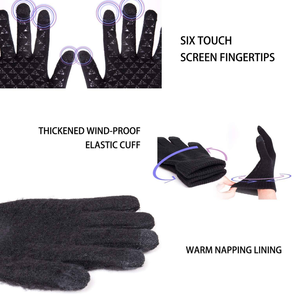 Black winter knit gloves with elastic cuff, warm lining, touch screen fingertips