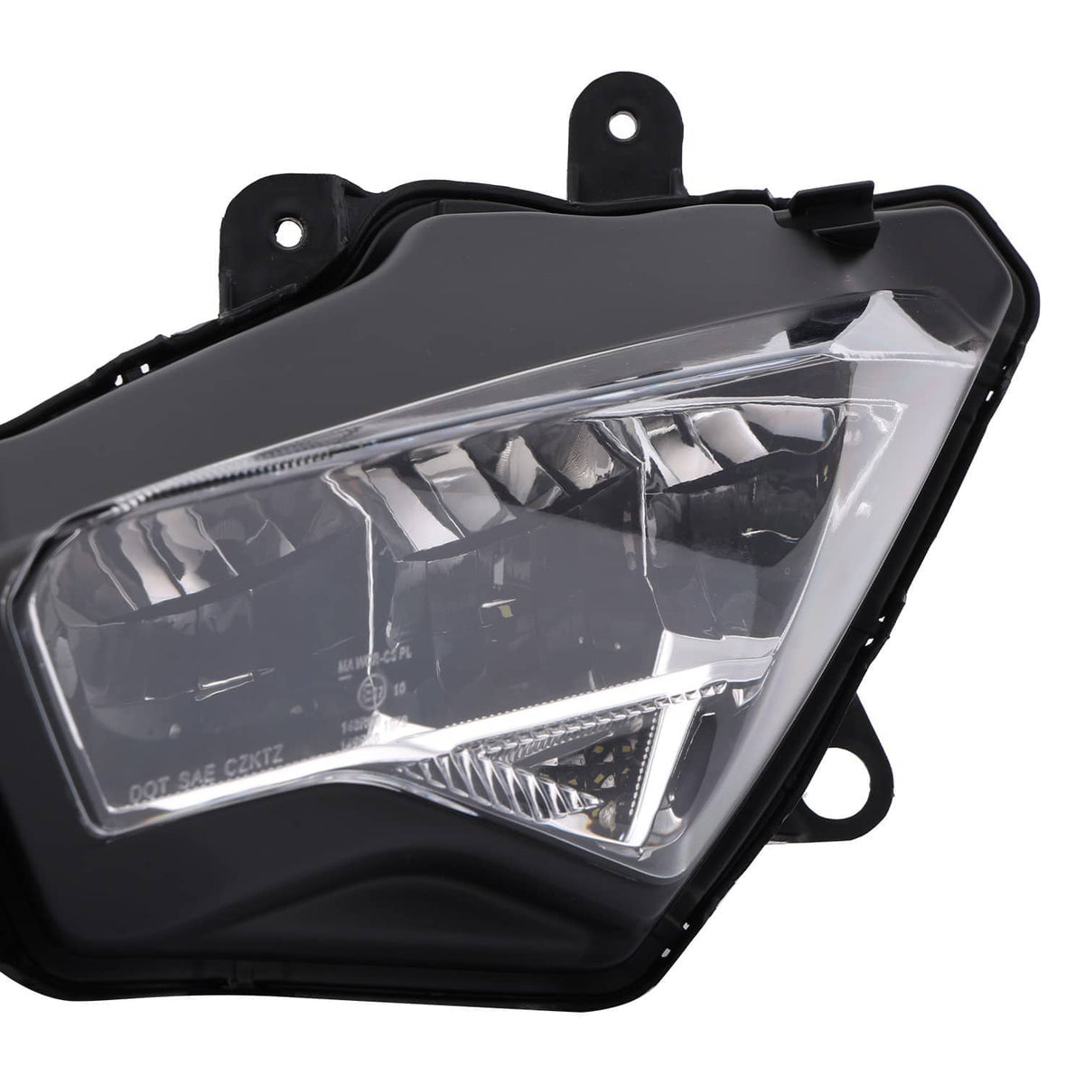 LED headlight lamp with clear lens and black bezel, front corner detail