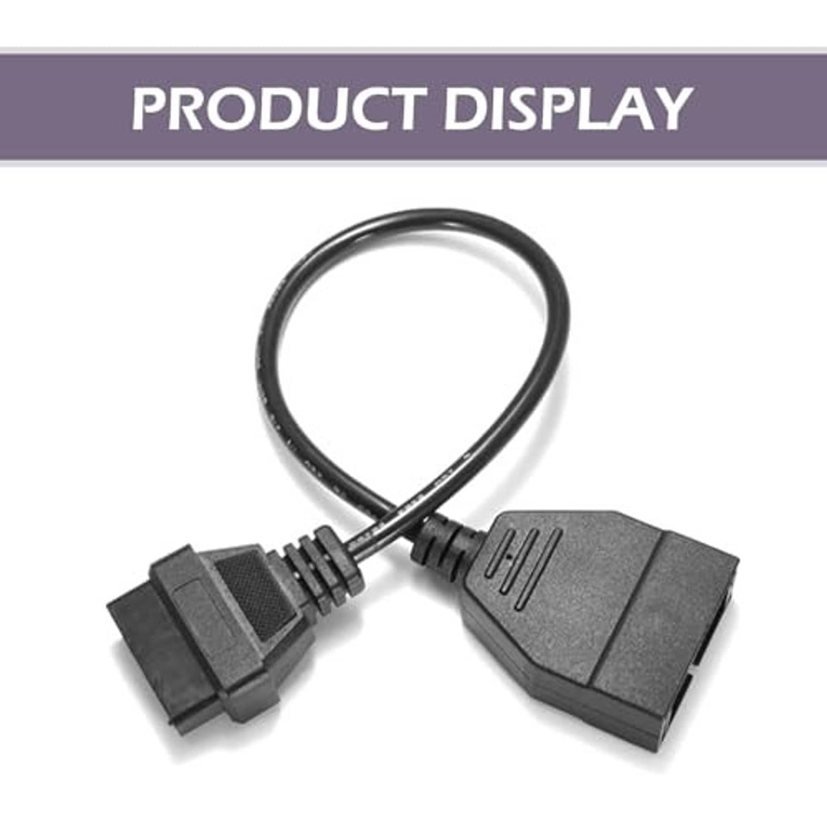 Car diagnostic adapter cable with black 12-pin and 16-pin connectors on curved cord