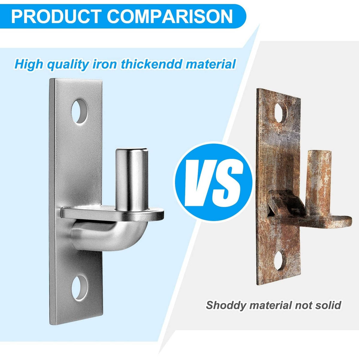 Wall-mount gate hinge with satin steel finish and pin, comparison view
